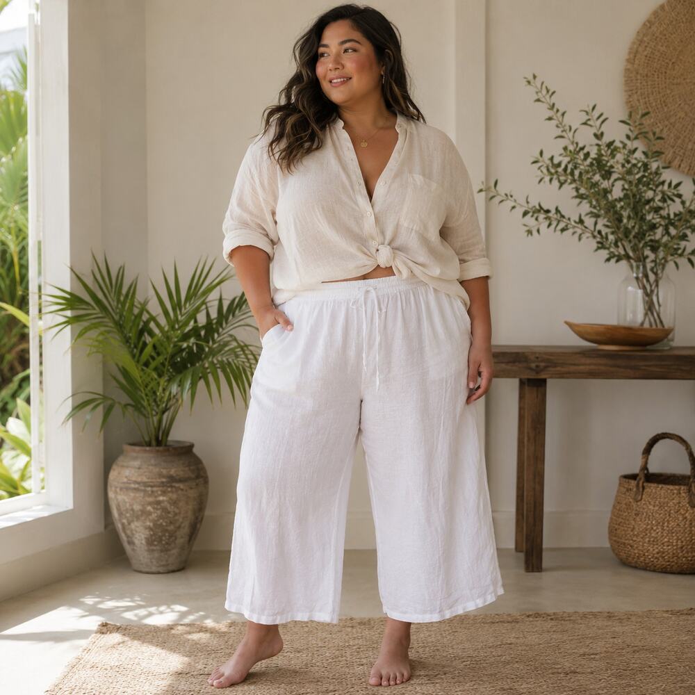 ECUPPER White Linen Wide Leg Pants 2XL Drawstring Elastic Waist Coastal Cottage
